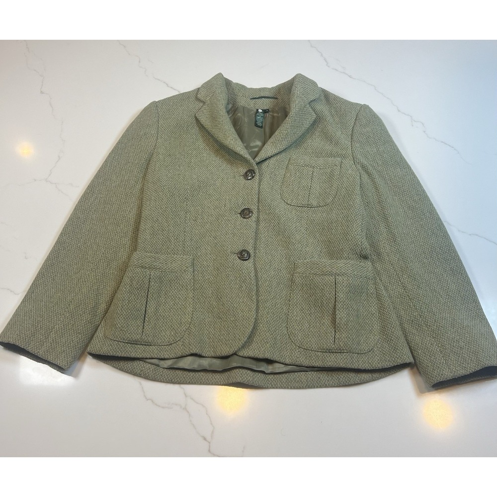 Lauren Ralph Lauren Blazer Womens 8 Green Herringbone Wool Blend Crest Button